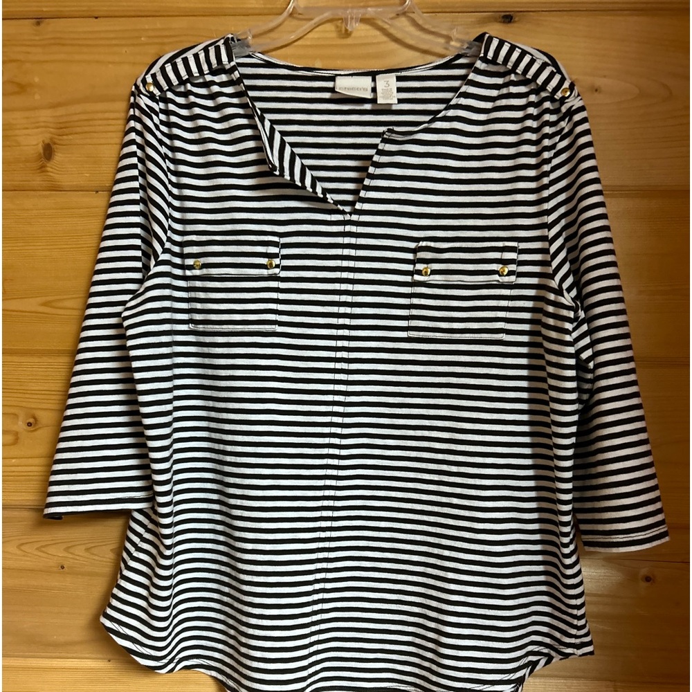 Pockets top blouse black white stripes Chico XL all cotton 3/4 sleeves nice